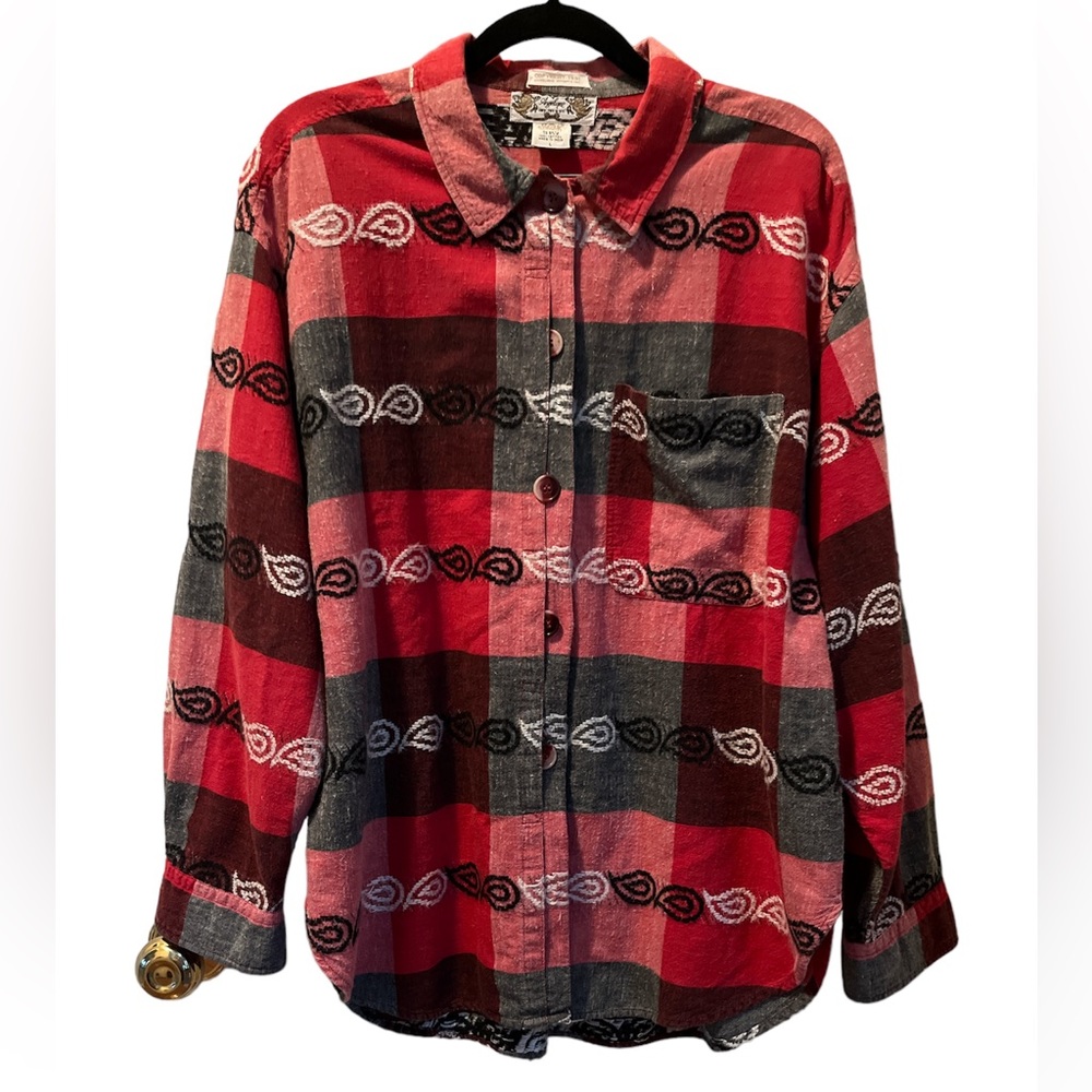Vintage 1991 Angelique Imports Black & Red Flannel Long Sleeve Button Up - Large